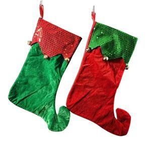 Greenbrier Int'l Red-Green & Green-Red Felt Christmas Stockings Sequins & Bells